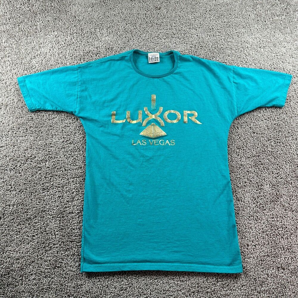 VINTAGE Luxor Las Vegas Hotel Shirt Mens Medium Blue Green Short Sleeve Pyramid